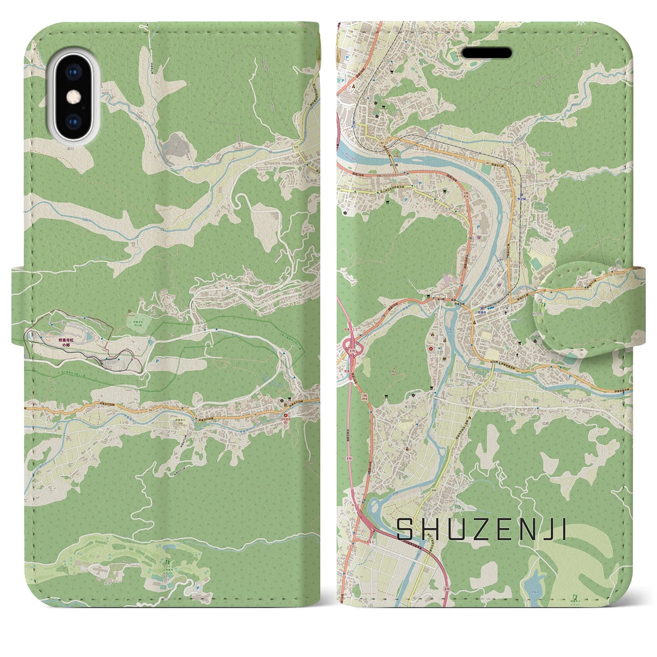 【修善寺(静岡県)】地図柄iPhoneケース(手帳タイプ)ナチュラル・iPhone XS Max 用