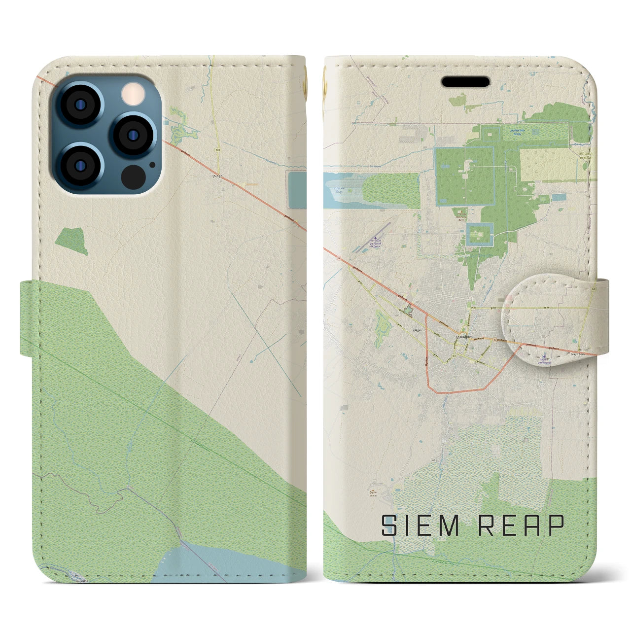 【シェムリアップ(カンボジア)】地図柄iPhoneケース(手帳タイプ)ナチュラル・iPhone 12 / 12 Pro 用