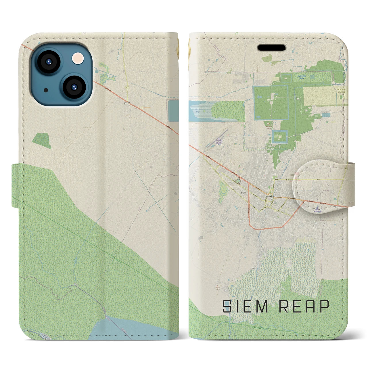 【シェムリアップ(カンボジア)】地図柄iPhoneケース(手帳タイプ)ナチュラル・iPhone 13 用