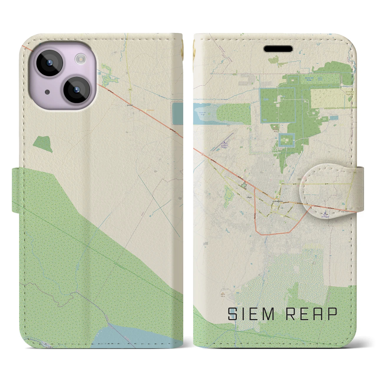【シェムリアップ(カンボジア)】地図柄iPhoneケース(手帳タイプ)ナチュラル・iPhone 14 用
