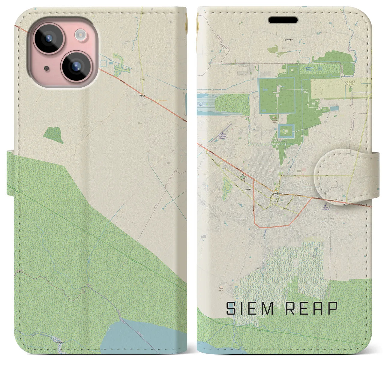 【シェムリアップ(カンボジア)】地図柄iPhoneケース(手帳タイプ)ナチュラル・iPhone 15 Plus 用