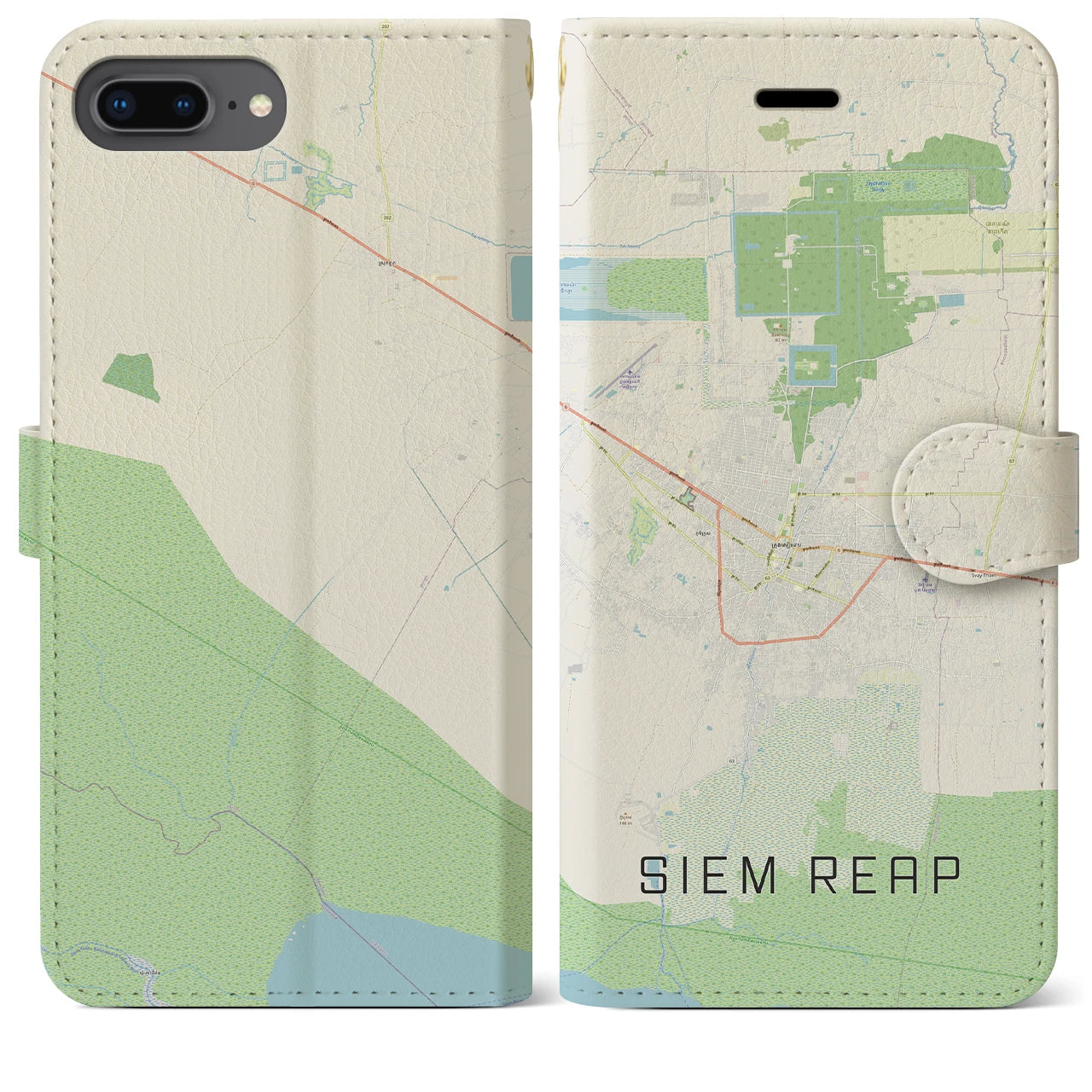 【シェムリアップ(カンボジア)】地図柄iPhoneケース(手帳タイプ)ナチュラル・iPhone 8Plus /7Plus / 6sPlus / 6Plus 用