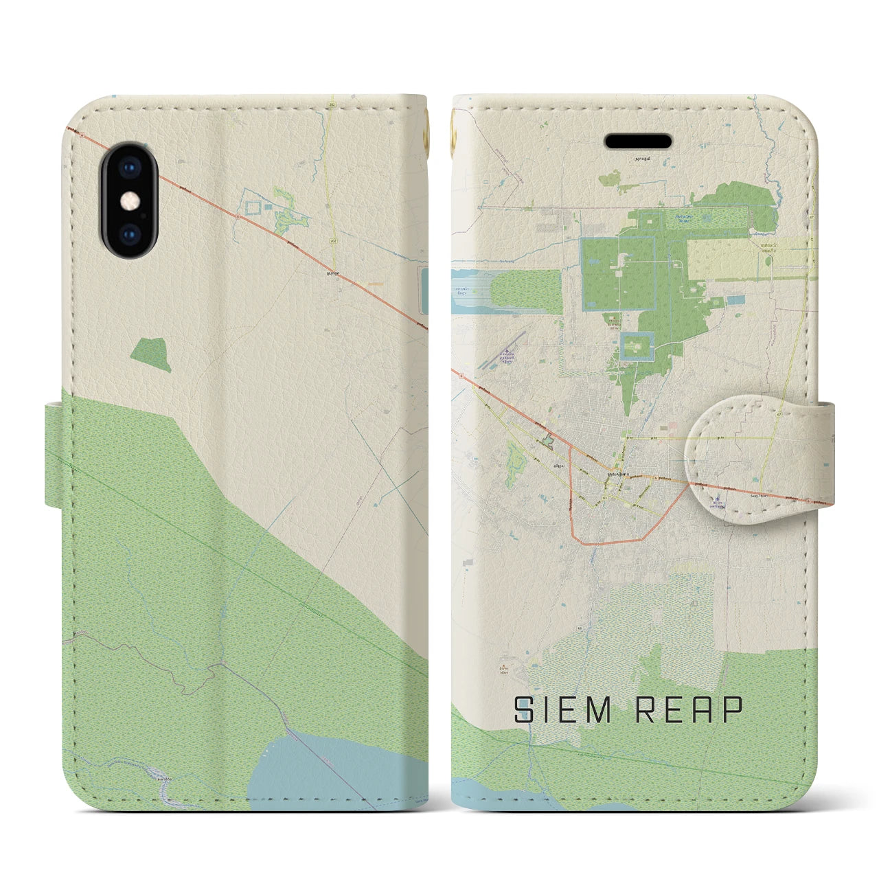 【シェムリアップ(カンボジア)】地図柄iPhoneケース(手帳タイプ)ナチュラル・iPhone XS / X 用