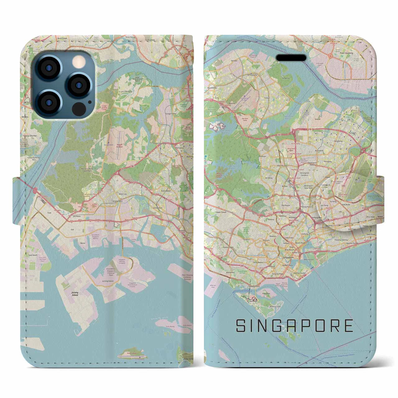 【シンガポール】地図柄iPhoneケース(手帳タイプ)ナチュラル・iPhone 12 / 12 Pro 用