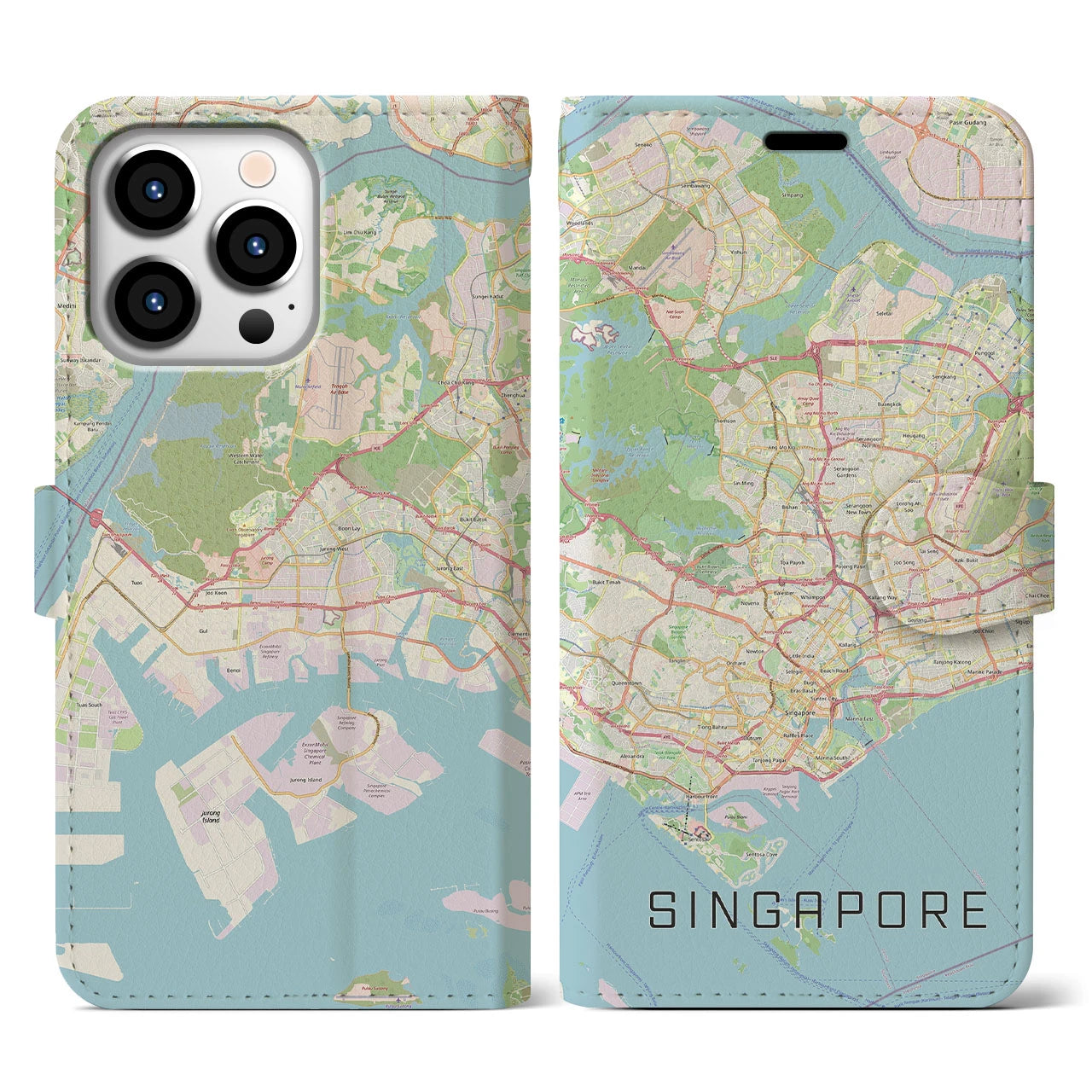 【シンガポール】地図柄iPhoneケース(手帳タイプ)ナチュラル・iPhone 13 Pro 用