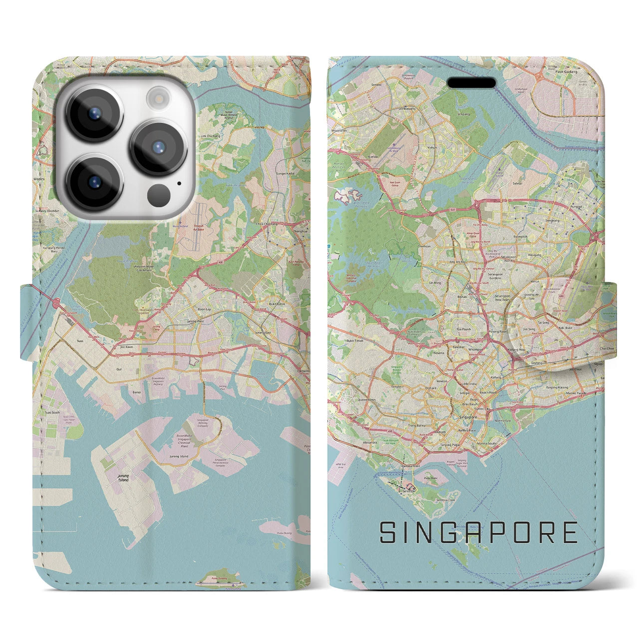 【シンガポール】地図柄iPhoneケース(手帳タイプ)ナチュラル・iPhone 14 Pro 用