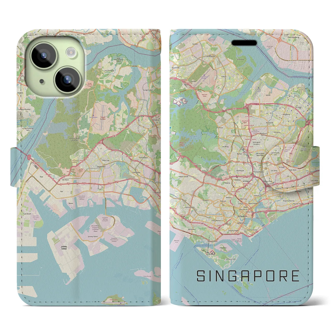 【シンガポール】地図柄iPhoneケース(手帳タイプ)ナチュラル・iPhone 15 用