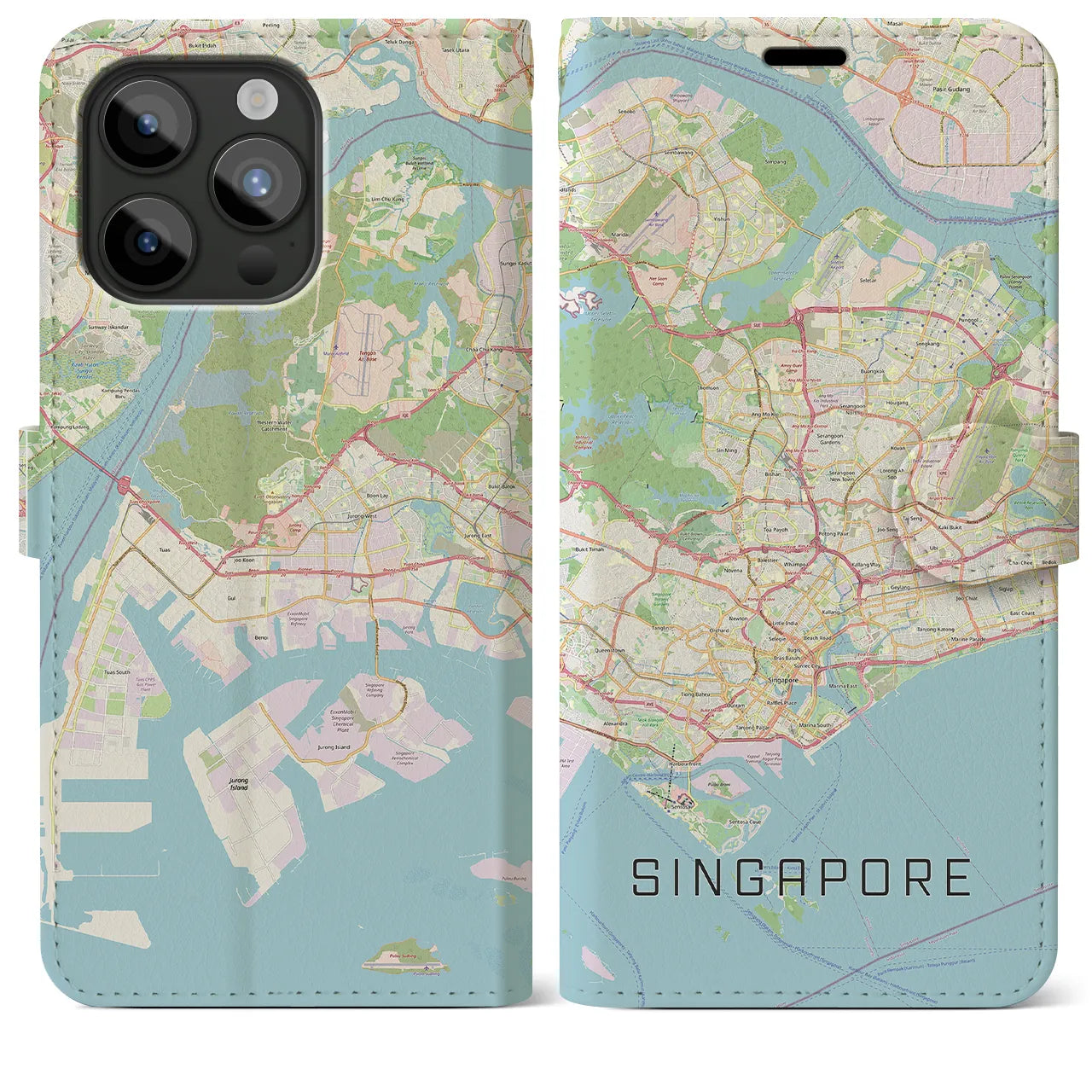【シンガポール】地図柄iPhoneケース(手帳タイプ)ナチュラル・iPhone 15 Pro Max 用