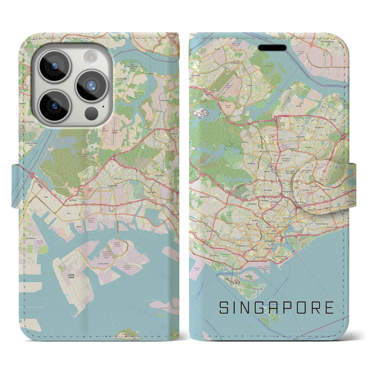 【シンガポール】地図柄iPhoneケース(手帳タイプ)ナチュラル・iPhone 15 Pro 用
