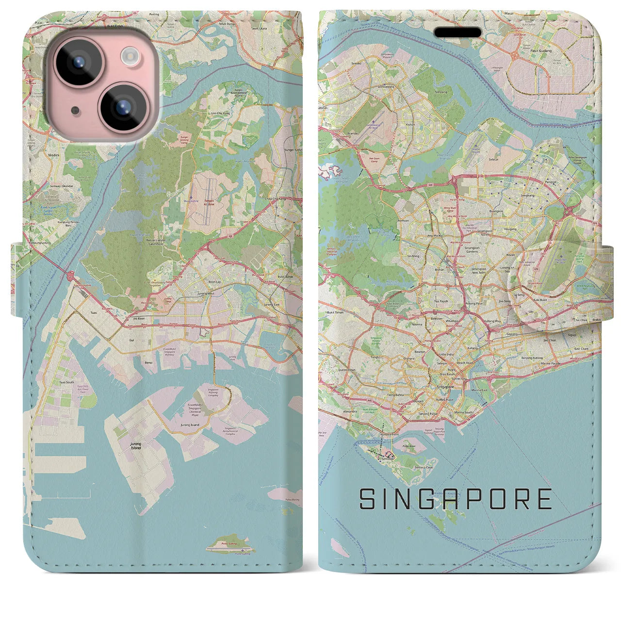【シンガポール】地図柄iPhoneケース(手帳タイプ)ナチュラル・iPhone 15 Plus 用