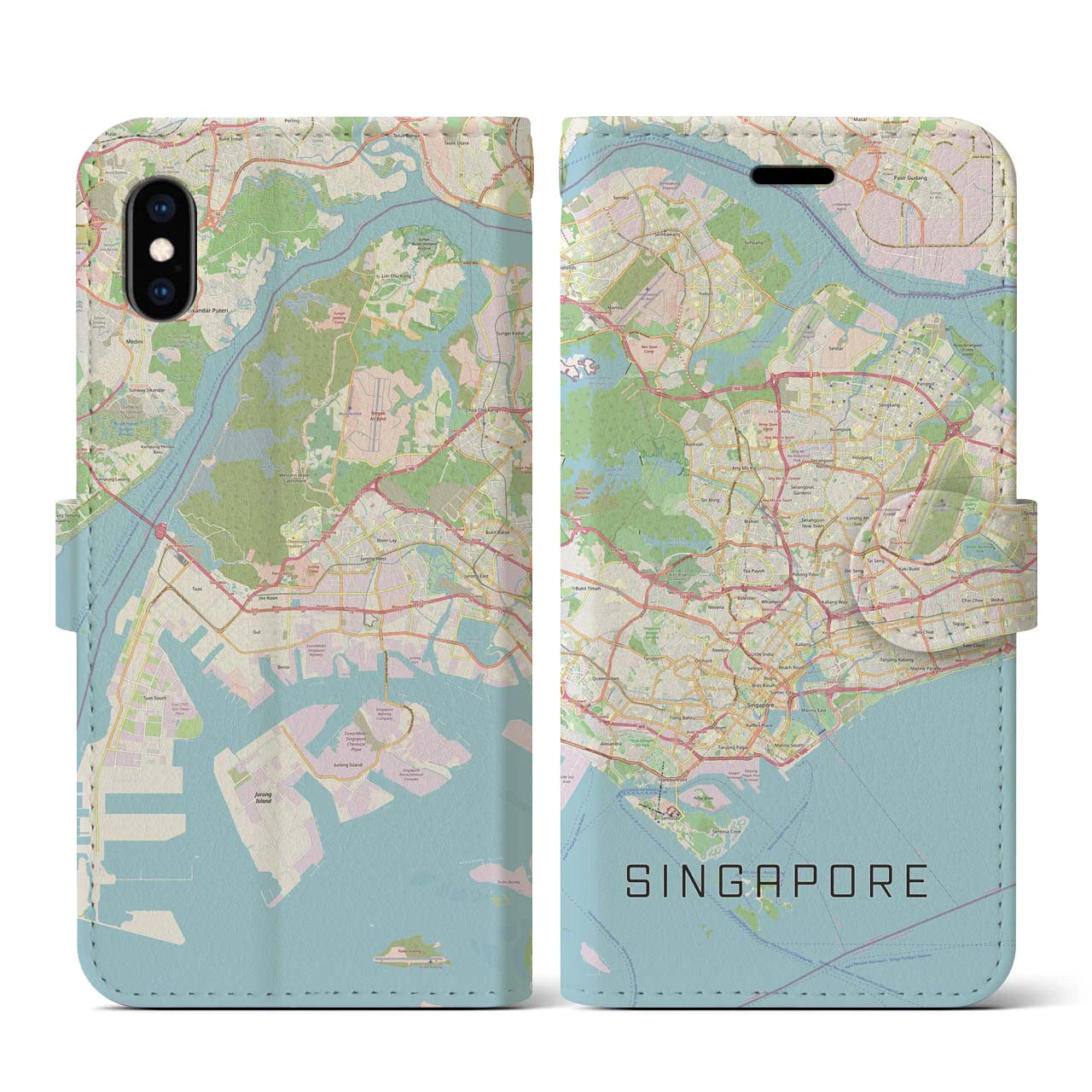 【シンガポール】地図柄iPhoneケース(手帳タイプ)ナチュラル・iPhone XS / X 用