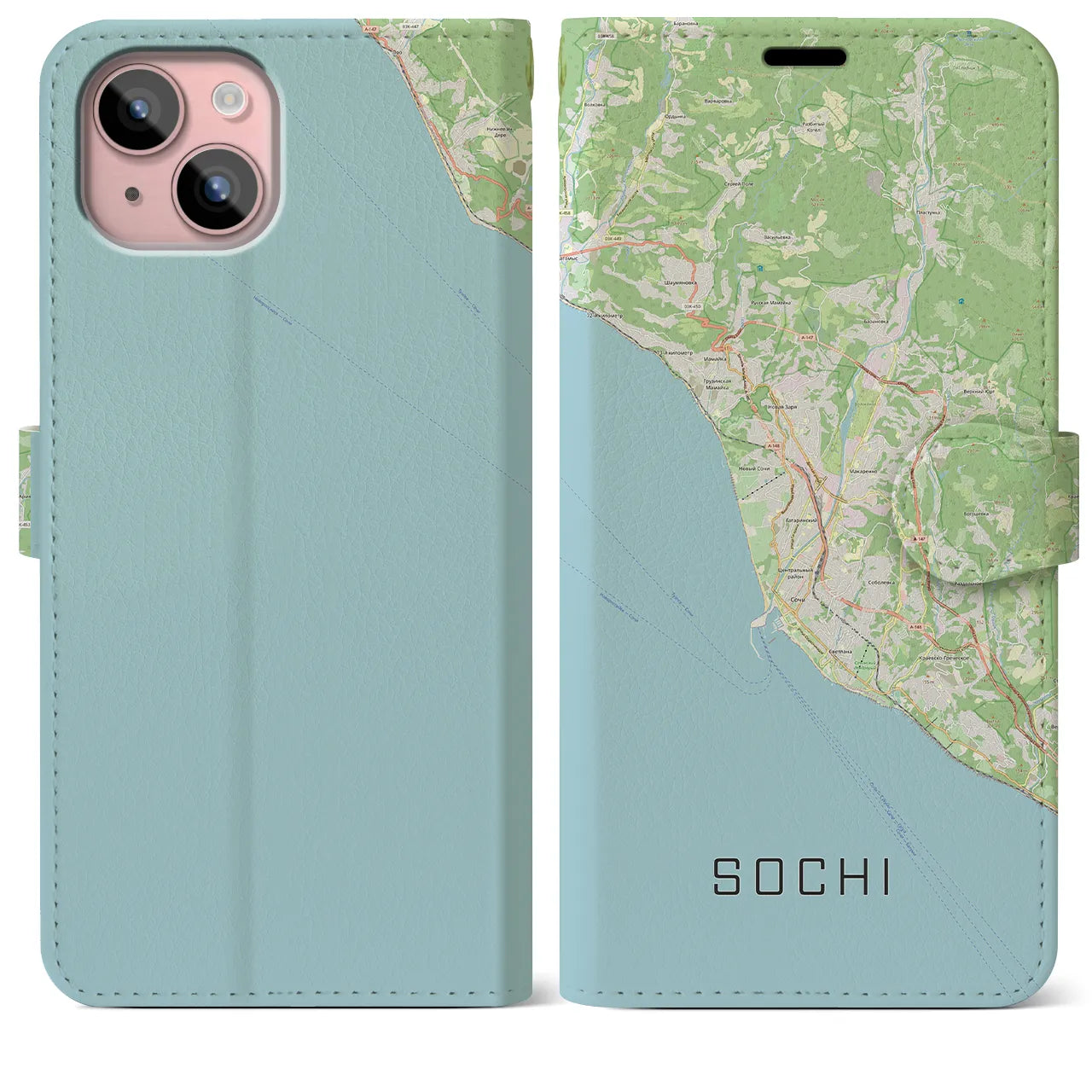 【ソチ(ロシア)】地図柄iPhoneケース(手帳タイプ)ナチュラル・iPhone 15 Plus 用