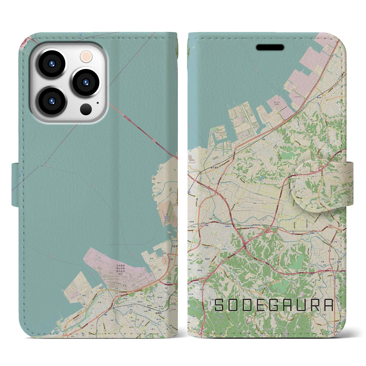 【袖ケ浦(千葉県)】地図柄iPhoneケース(手帳タイプ)ナチュラル・iPhone 13 Pro 用