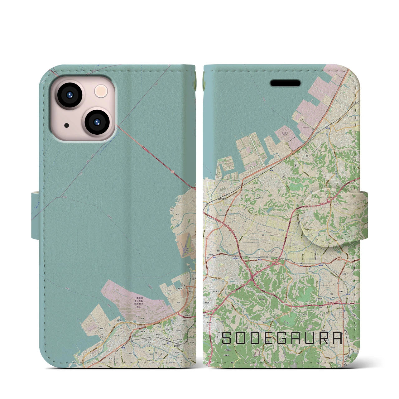 【袖ケ浦(千葉県)】地図柄iPhoneケース(手帳タイプ)ナチュラル・iPhone 13 mini 用