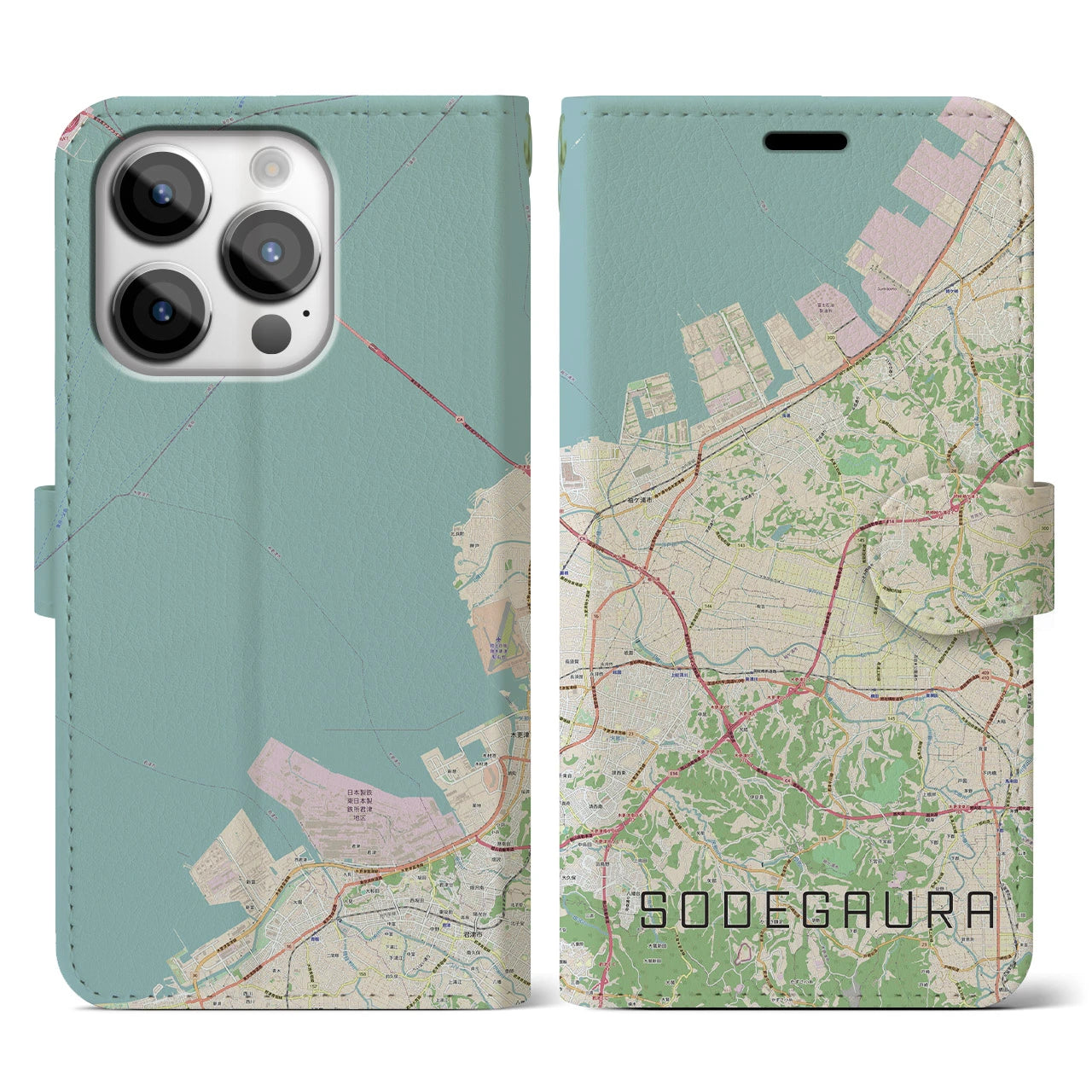 【袖ケ浦(千葉県)】地図柄iPhoneケース(手帳タイプ)ナチュラル・iPhone 14 Pro 用