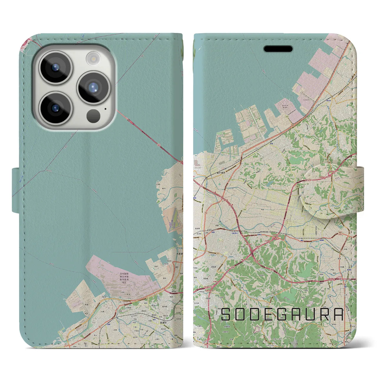 【袖ケ浦(千葉県)】地図柄iPhoneケース(手帳タイプ)ナチュラル・iPhone 15 Pro 用