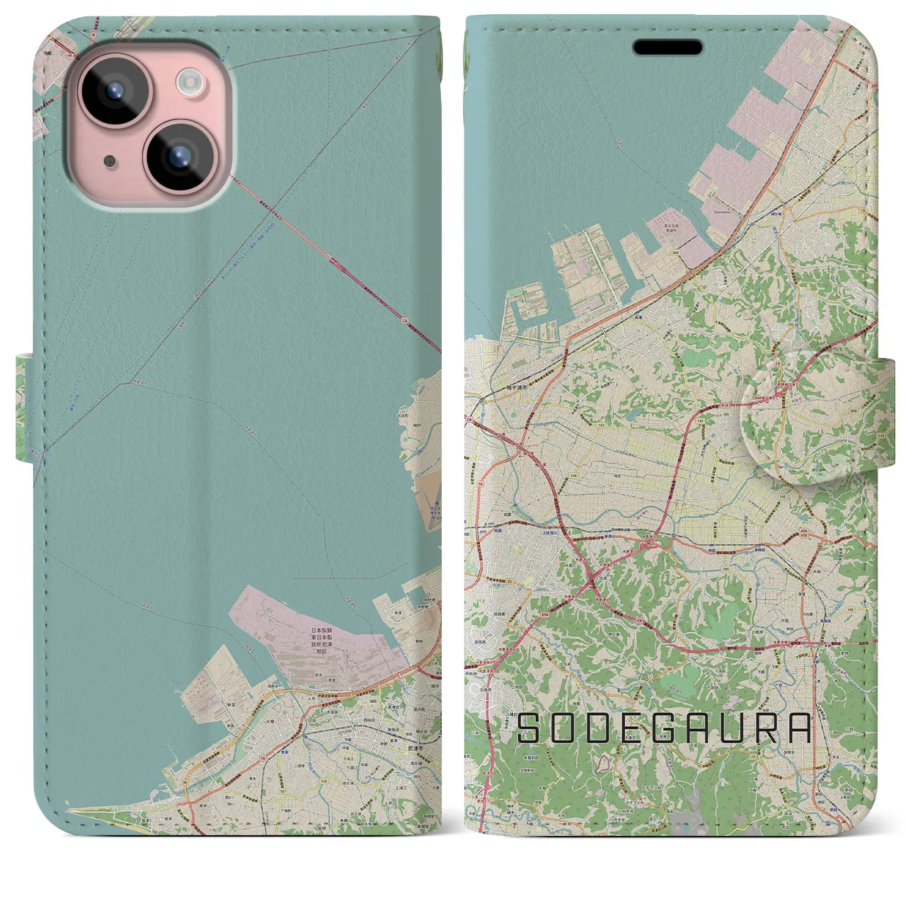 【袖ケ浦(千葉県)】地図柄iPhoneケース(手帳タイプ)ナチュラル・iPhone 15 Plus 用
