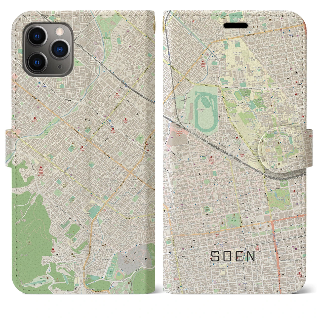 【桑園(北海道)】地図柄iPhoneケース(手帳タイプ)ナチュラル・iPhone 11 Pro Max 用