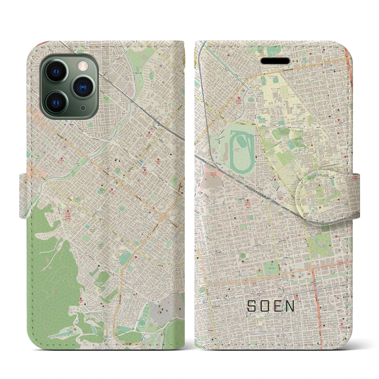 【桑園(北海道)】地図柄iPhoneケース(手帳タイプ)ナチュラル・iPhone 11 Pro 用