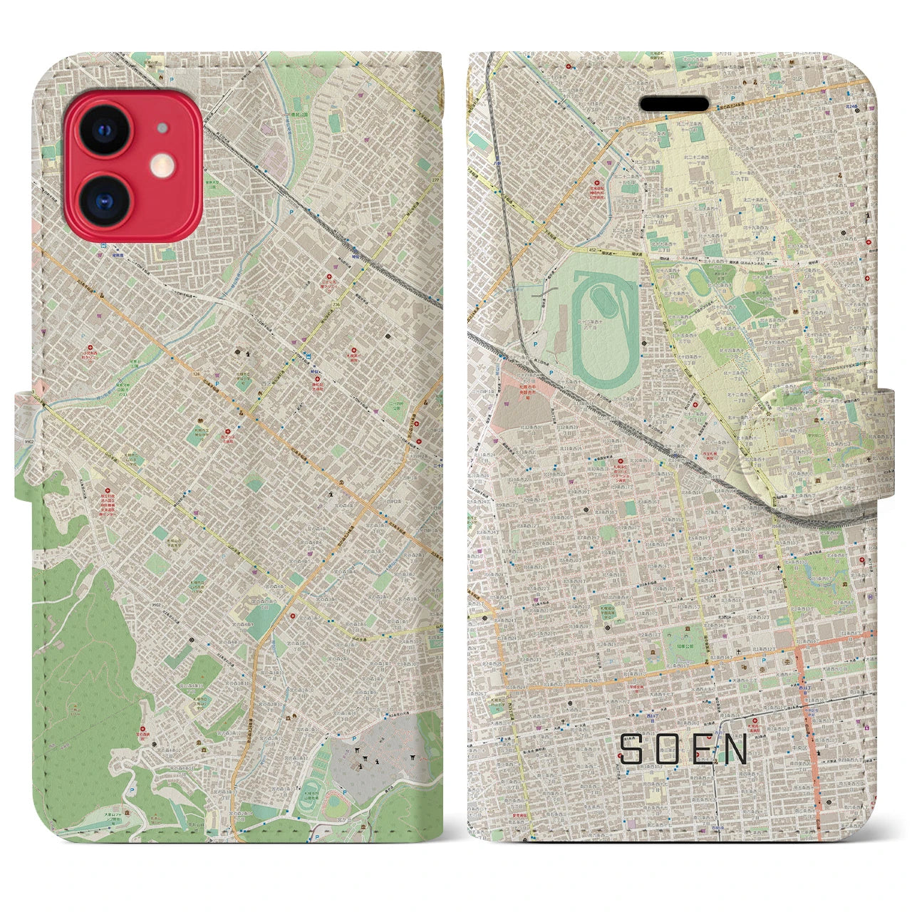 【桑園(北海道)】地図柄iPhoneケース(手帳タイプ)ナチュラル・iPhone 11 用