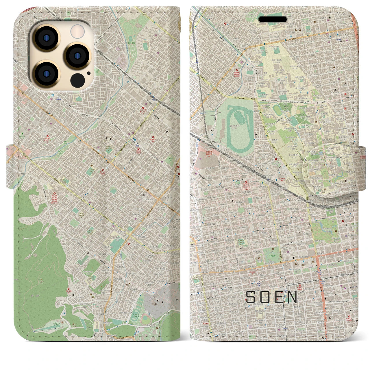 【桑園(北海道)】地図柄iPhoneケース(手帳タイプ)ナチュラル・iPhone 12 Pro Max 用