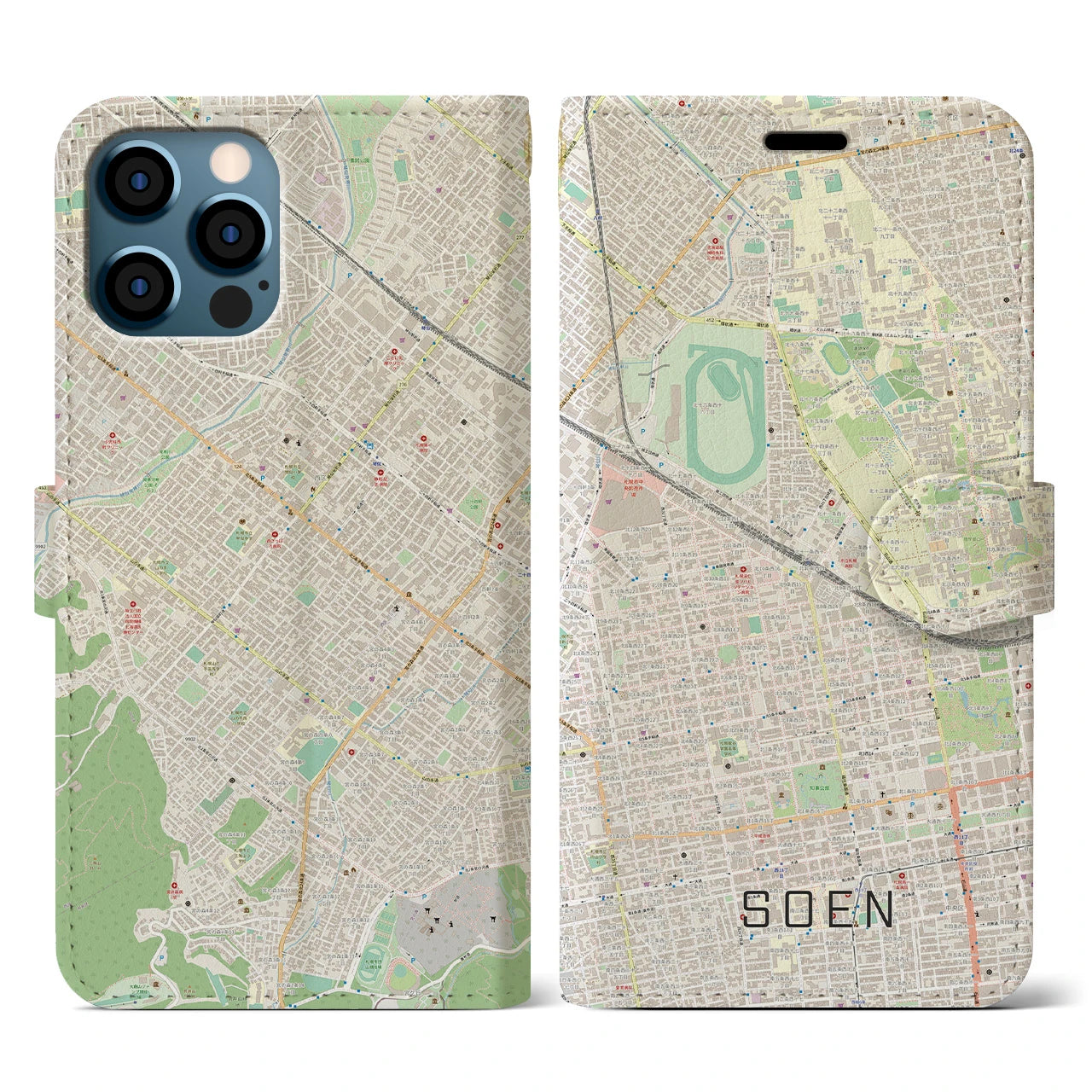 【桑園(北海道)】地図柄iPhoneケース(手帳タイプ)ナチュラル・iPhone 12 / 12 Pro 用