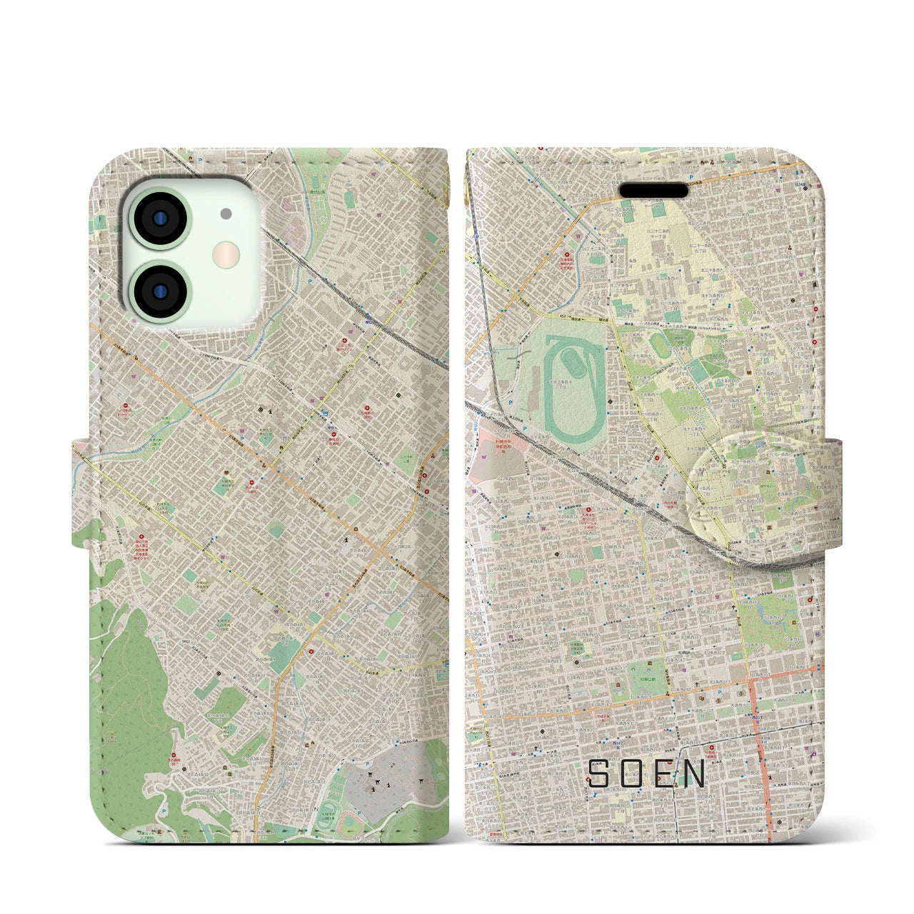 【桑園(北海道)】地図柄iPhoneケース(手帳タイプ)ナチュラル・iPhone 12 mini 用