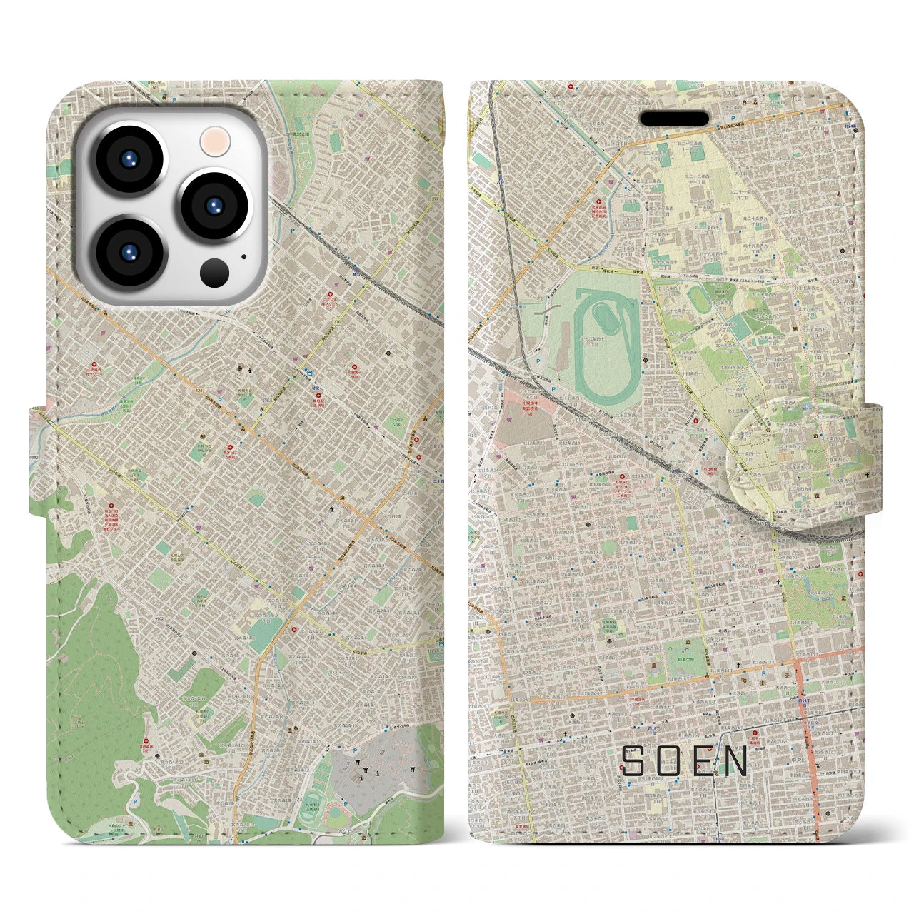 【桑園(北海道)】地図柄iPhoneケース(手帳タイプ)ナチュラル・iPhone 13 Pro 用