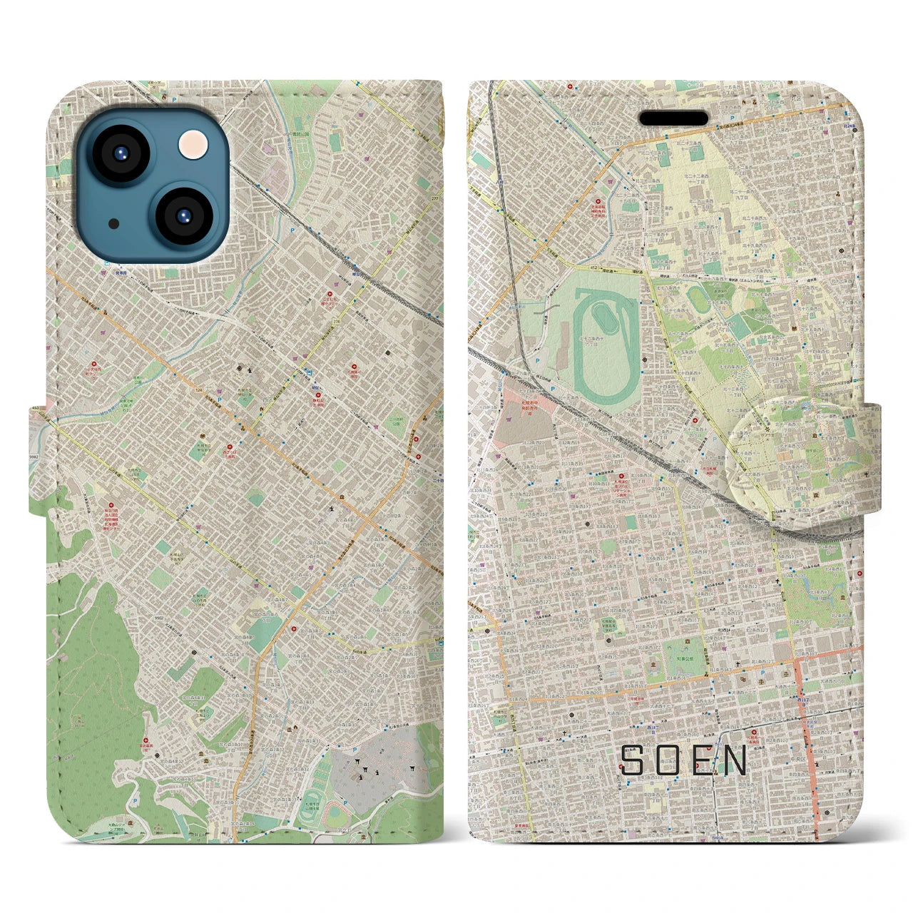 【桑園(北海道)】地図柄iPhoneケース(手帳タイプ)ナチュラル・iPhone 13 用