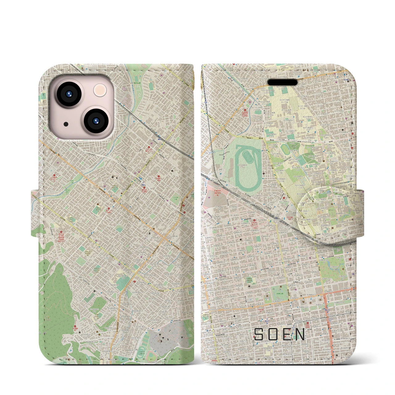 【桑園(北海道)】地図柄iPhoneケース(手帳タイプ)ナチュラル・iPhone 13 mini 用