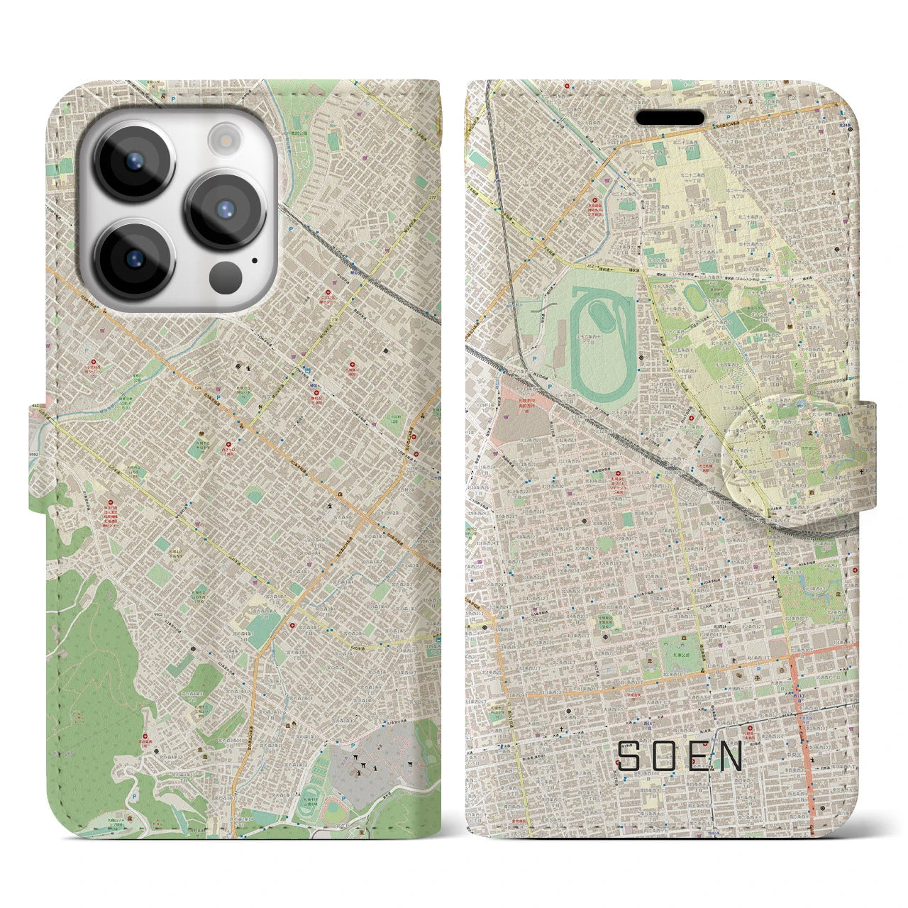 【桑園(北海道)】地図柄iPhoneケース(手帳タイプ)ナチュラル・iPhone 14 Pro 用