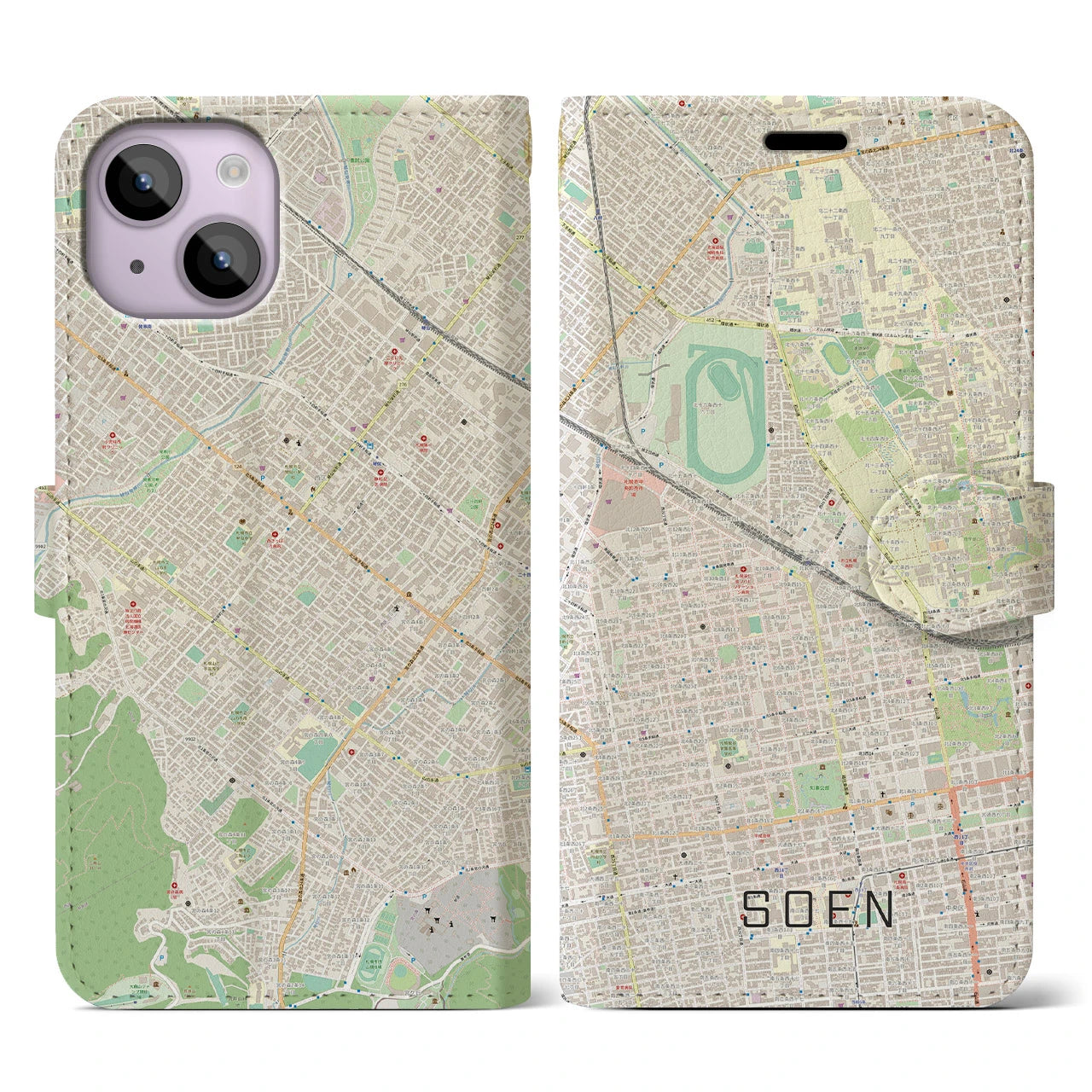 【桑園(北海道)】地図柄iPhoneケース(手帳タイプ)ナチュラル・iPhone 14 用