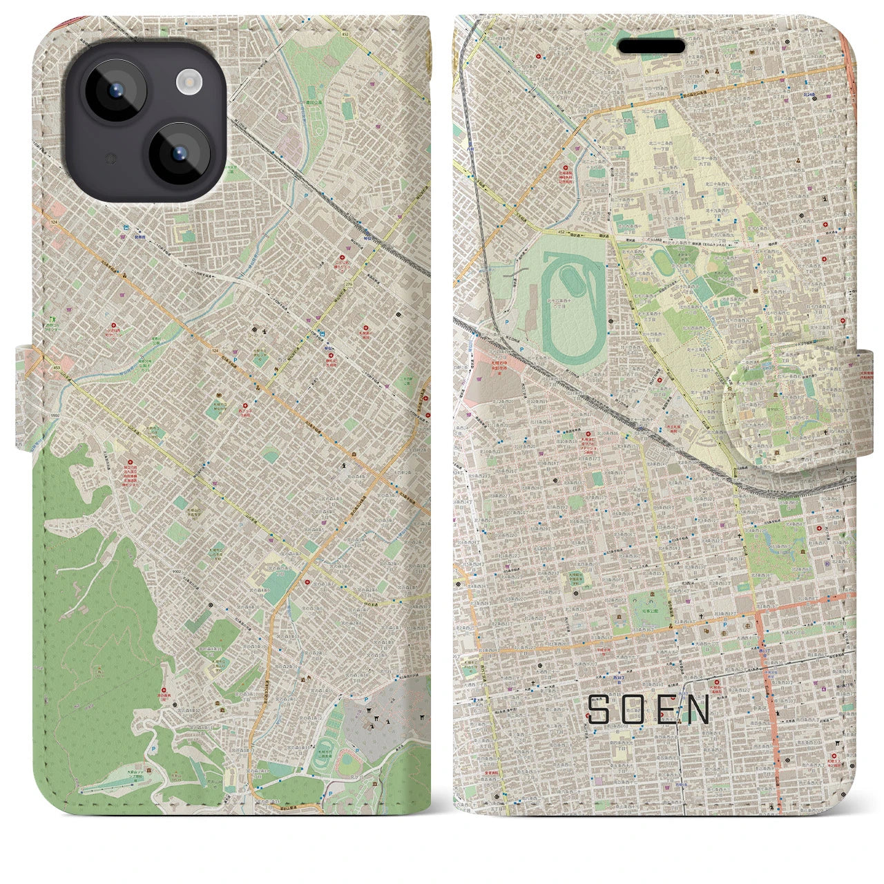 【桑園(北海道)】地図柄iPhoneケース(手帳タイプ)ナチュラル・iPhone 14 Plus 用