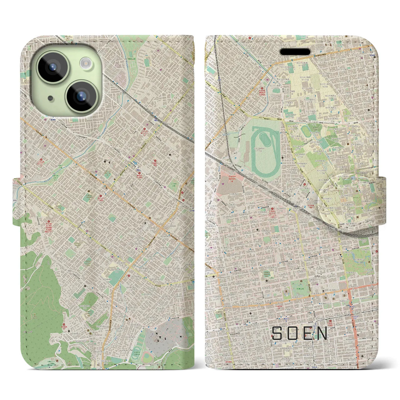 【桑園(北海道)】地図柄iPhoneケース(手帳タイプ)ナチュラル・iPhone 15 用
