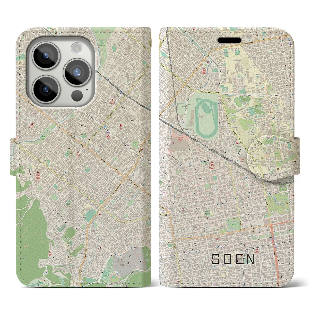 【桑園(北海道)】地図柄iPhoneケース(手帳タイプ)ナチュラル・iPhone 15 Pro 用