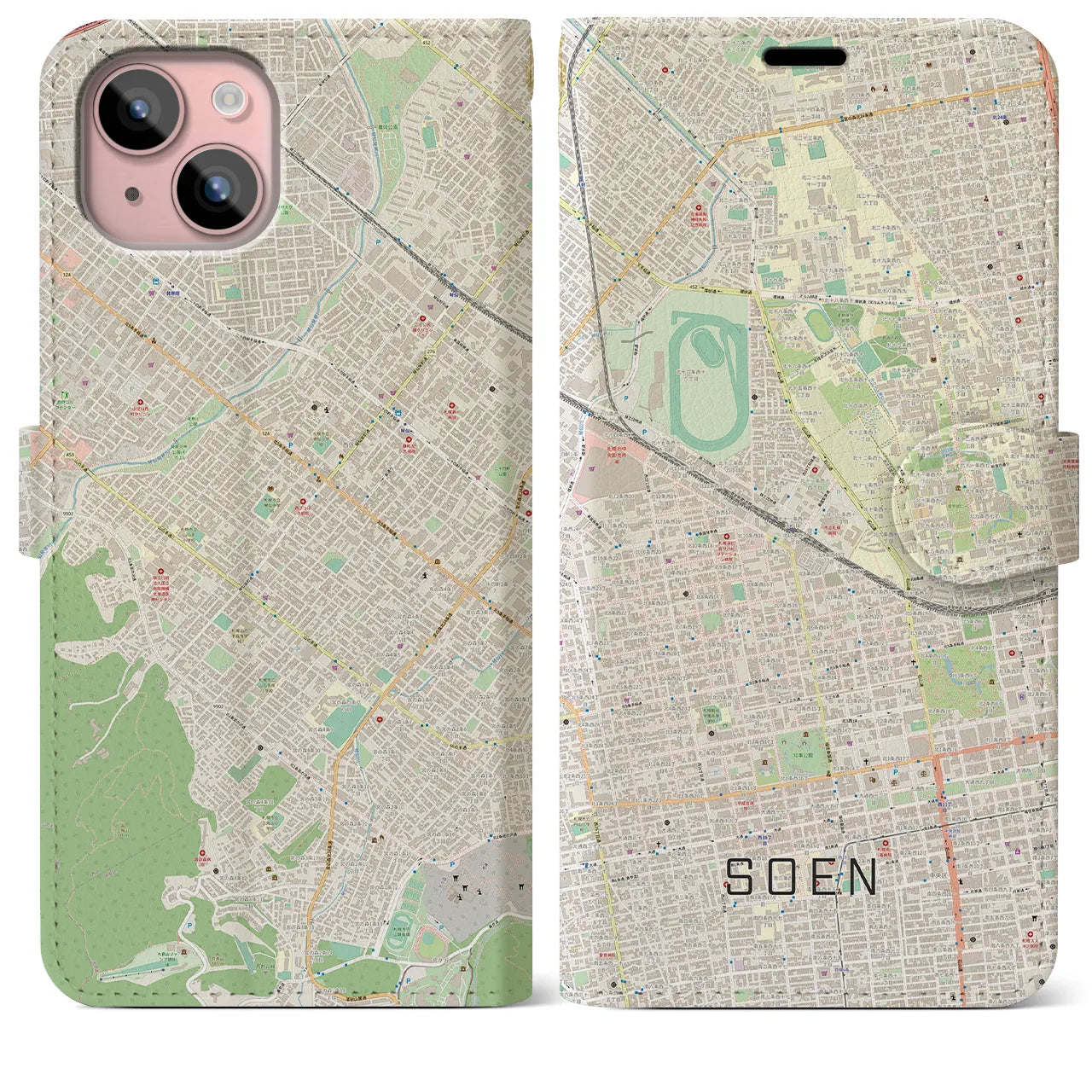 【桑園(北海道)】地図柄iPhoneケース(手帳タイプ)ナチュラル・iPhone 15 Plus 用