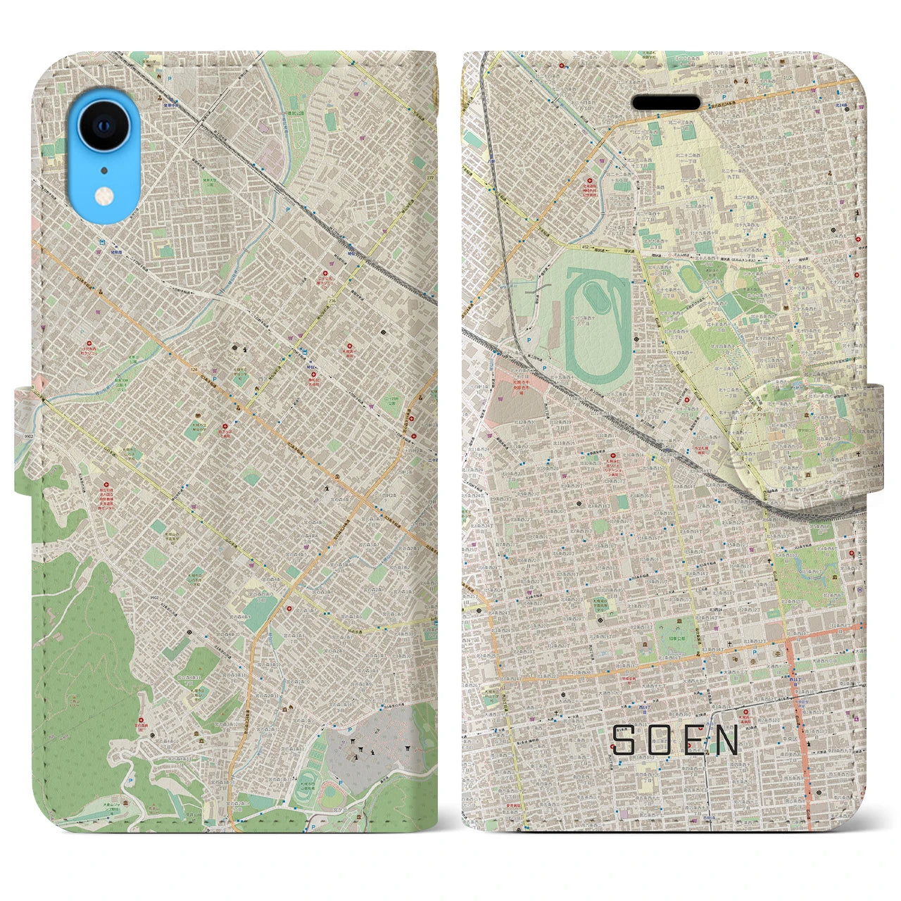 【桑園(北海道)】地図柄iPhoneケース(手帳タイプ)ナチュラル・iPhone XR 用