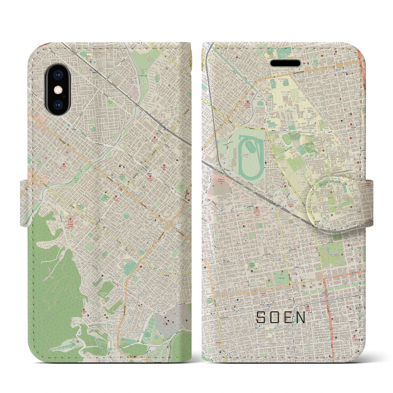 【桑園(北海道)】地図柄iPhoneケース(手帳タイプ)ナチュラル・iPhone XS / X 用