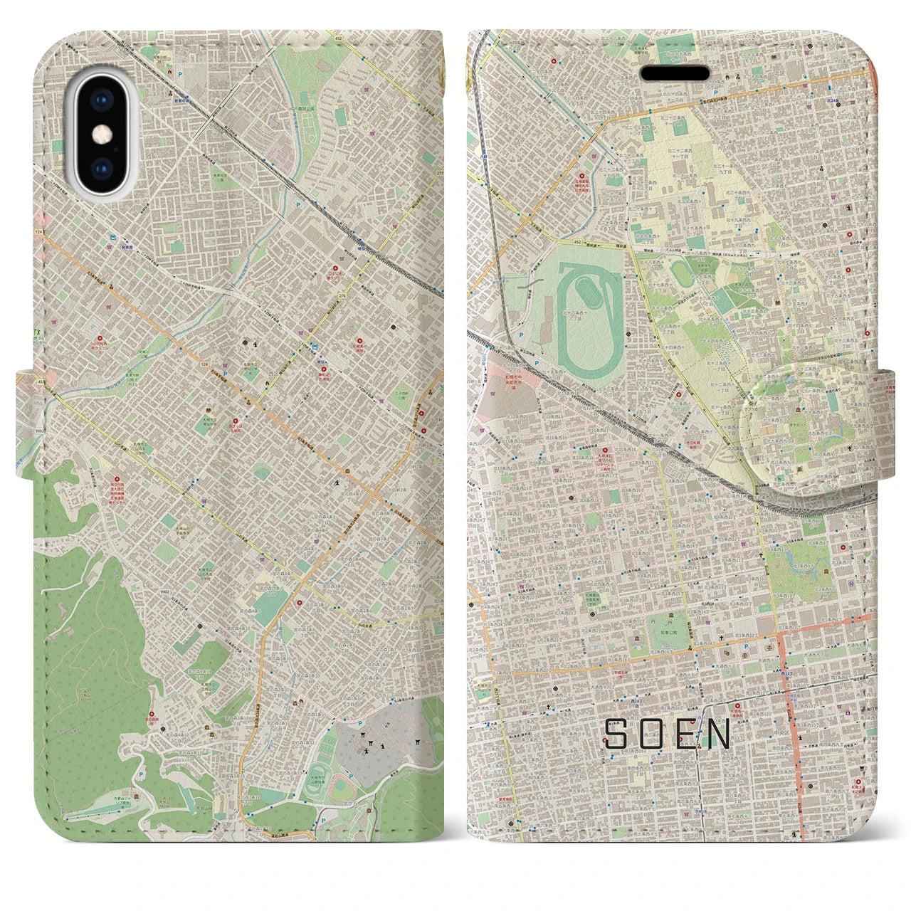 【桑園(北海道)】地図柄iPhoneケース(手帳タイプ)ナチュラル・iPhone XS Max 用