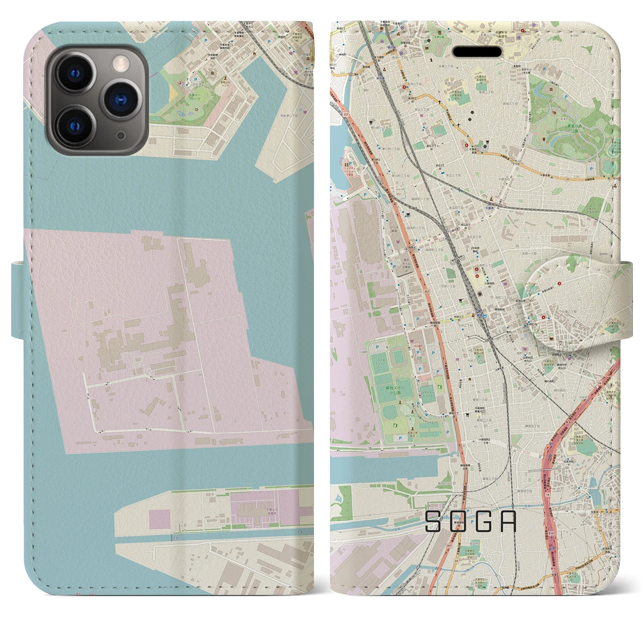 【蘇我(千葉県)】地図柄iPhoneケース(手帳タイプ)ナチュラル・iPhone 11 Pro Max 用