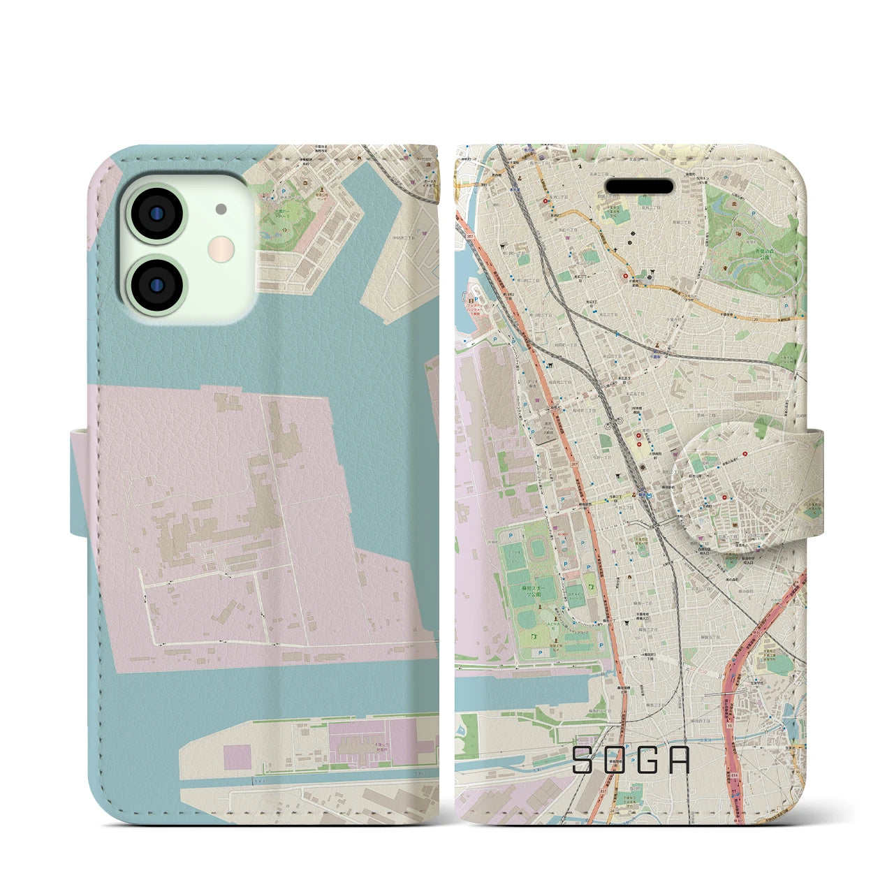 【蘇我(千葉県)】地図柄iPhoneケース(手帳タイプ)ナチュラル・iPhone 12 mini 用