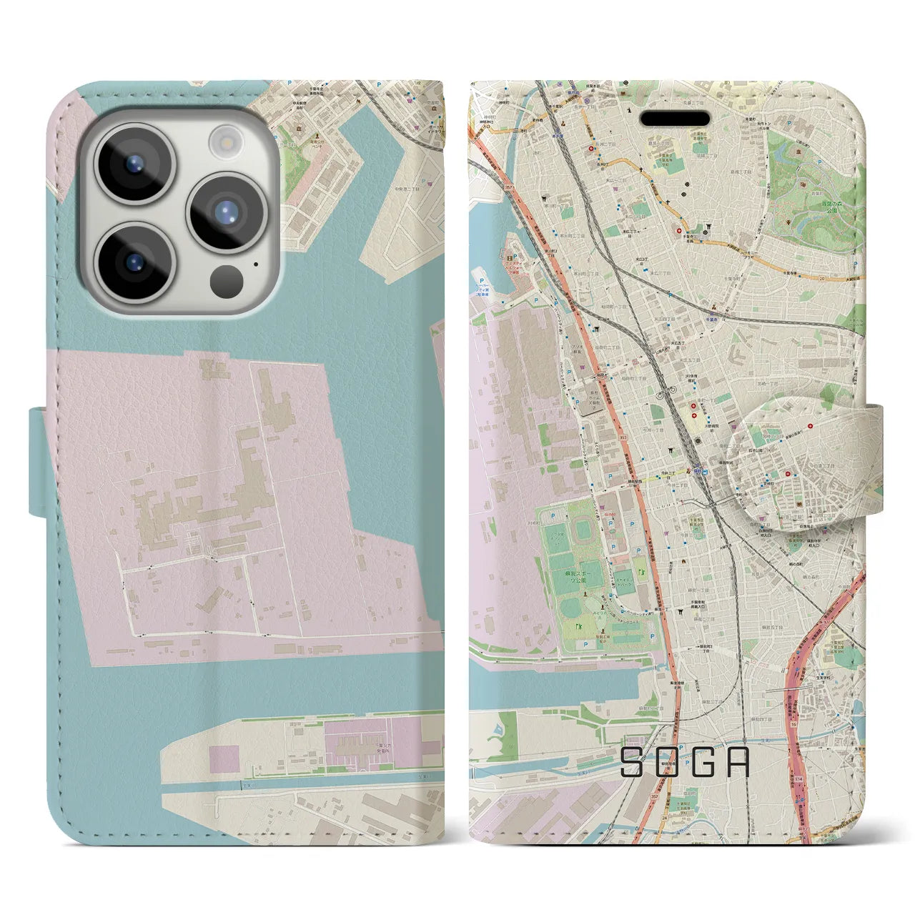【蘇我(千葉県)】地図柄iPhoneケース(手帳タイプ)ナチュラル・iPhone 15 Pro 用