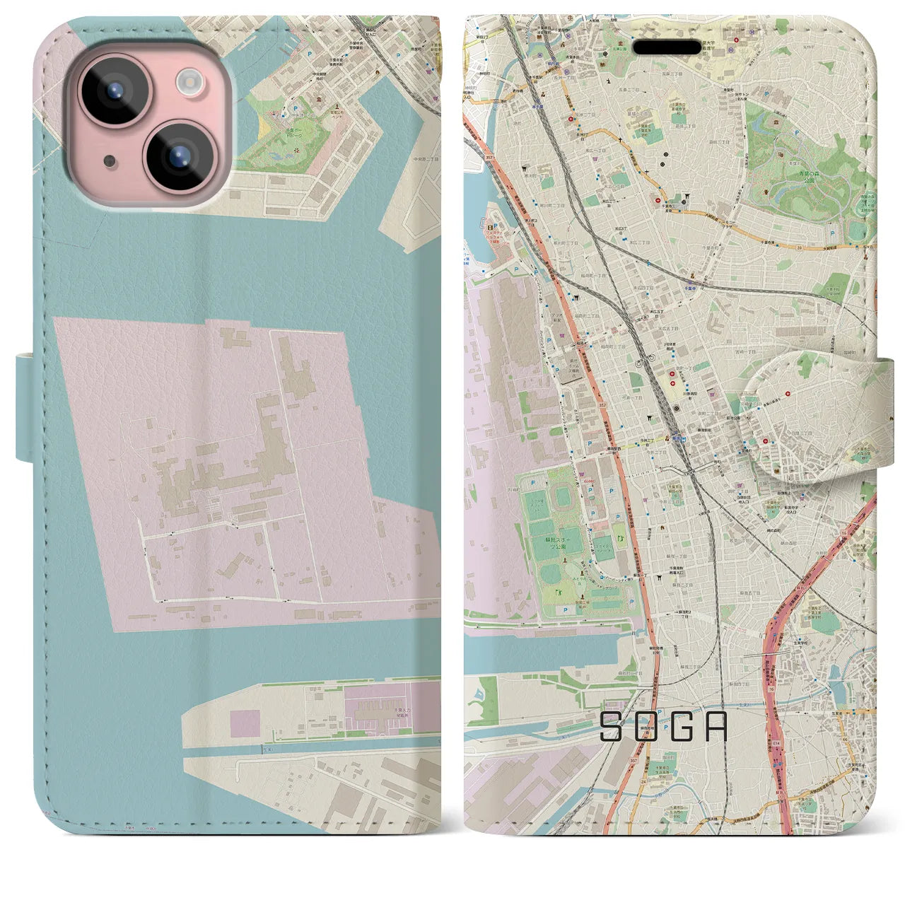 【蘇我(千葉県)】地図柄iPhoneケース(手帳タイプ)ナチュラル・iPhone 15 Plus 用