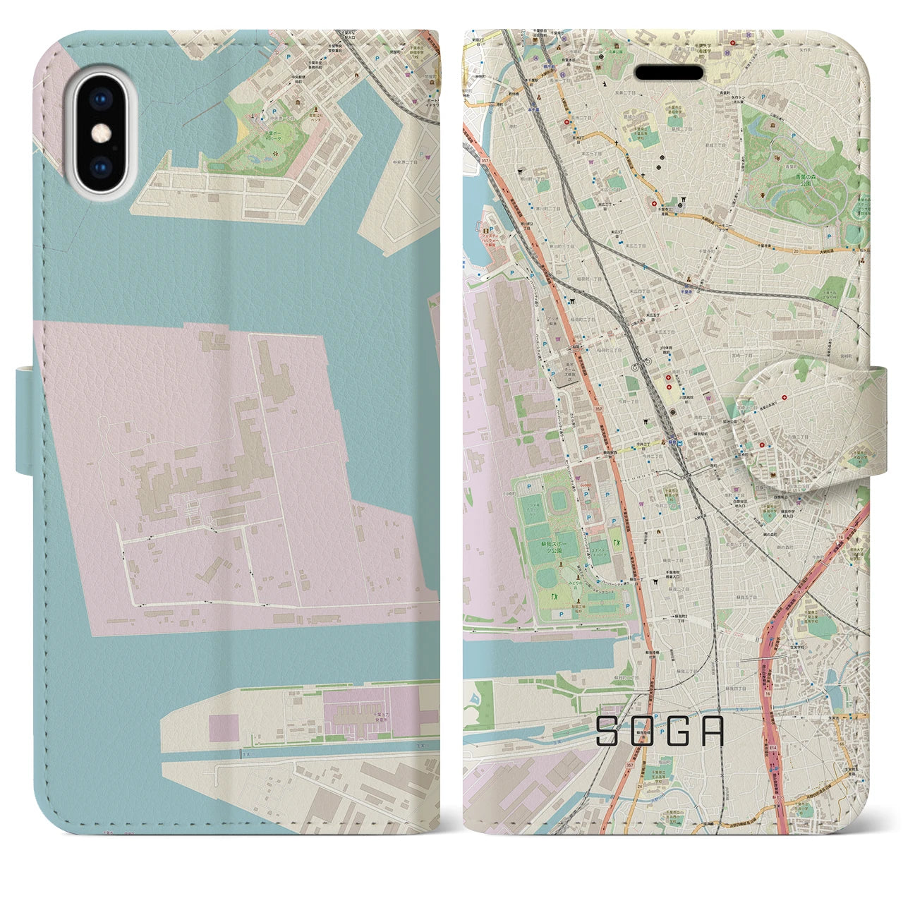 【蘇我(千葉県)】地図柄iPhoneケース(手帳タイプ)ナチュラル・iPhone XS Max 用