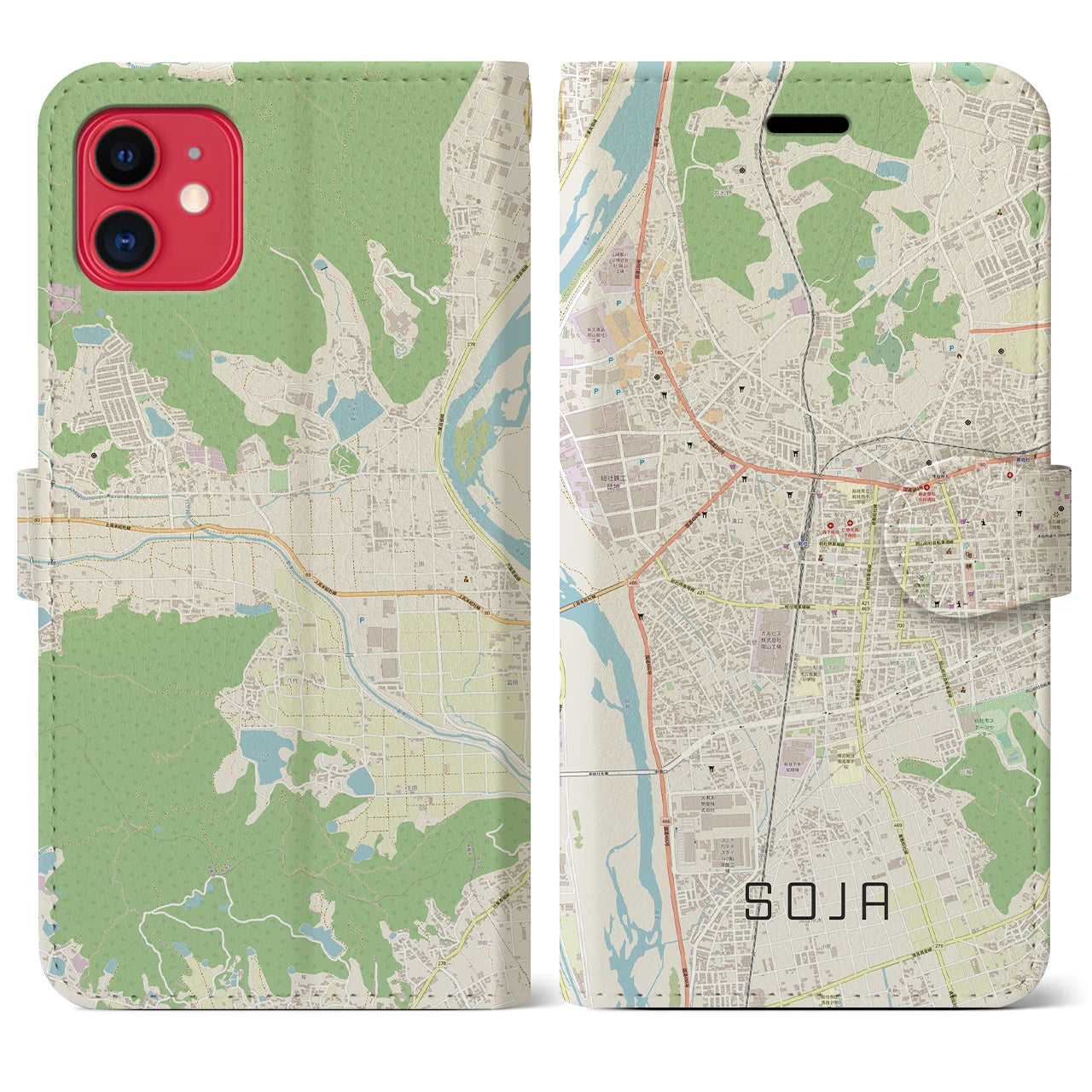 【総社(岡山県)】地図柄iPhoneケース(手帳タイプ)ナチュラル・iPhone 11 用