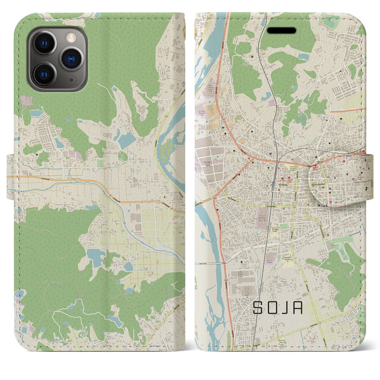 【総社(岡山県)】地図柄iPhoneケース(手帳タイプ)ナチュラル・iPhone 11 Pro Max 用