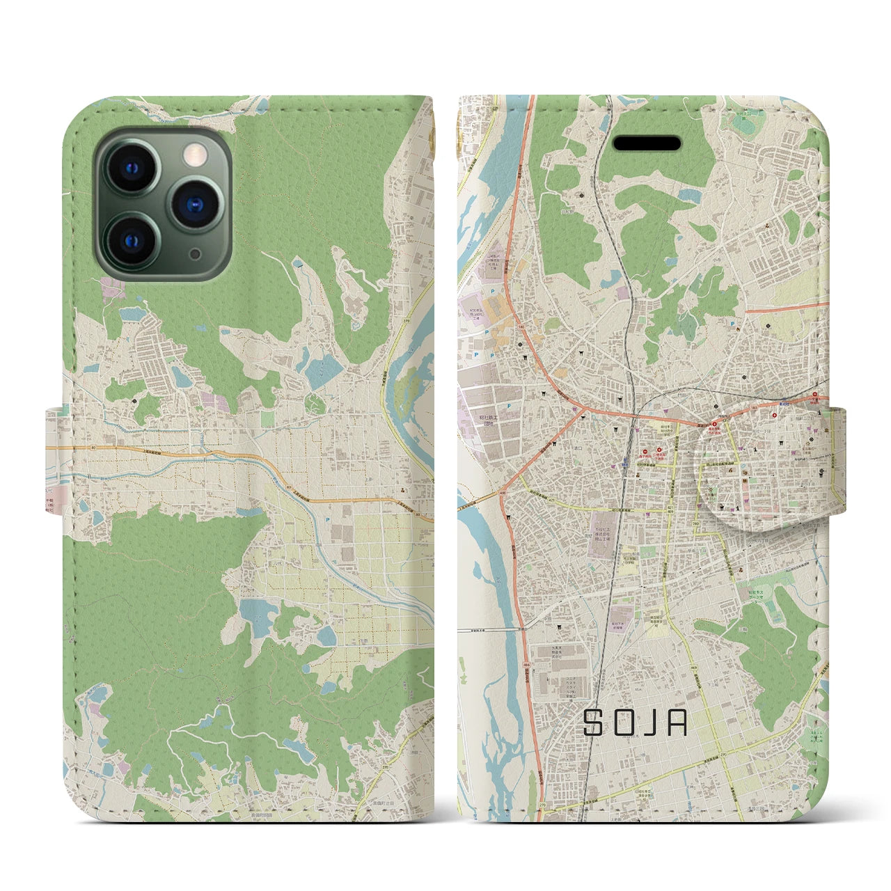 【総社(岡山県)】地図柄iPhoneケース(手帳タイプ)ナチュラル・iPhone 11 Pro 用