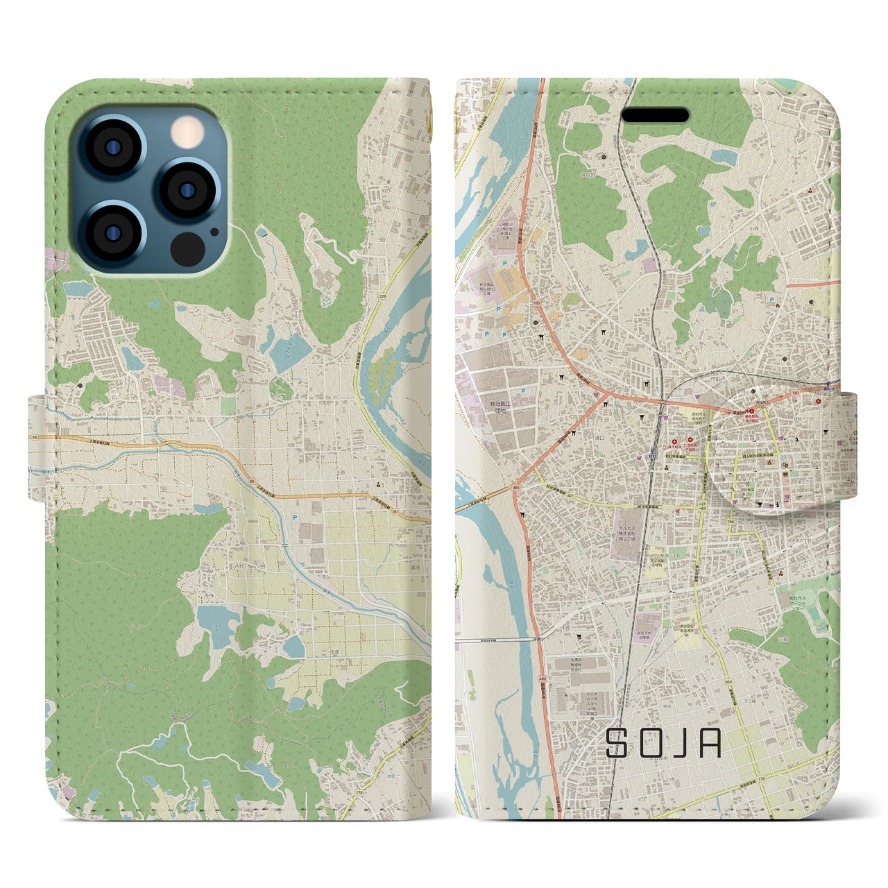 【総社(岡山県)】地図柄iPhoneケース(手帳タイプ)ナチュラル・iPhone 12 / 12 Pro 用