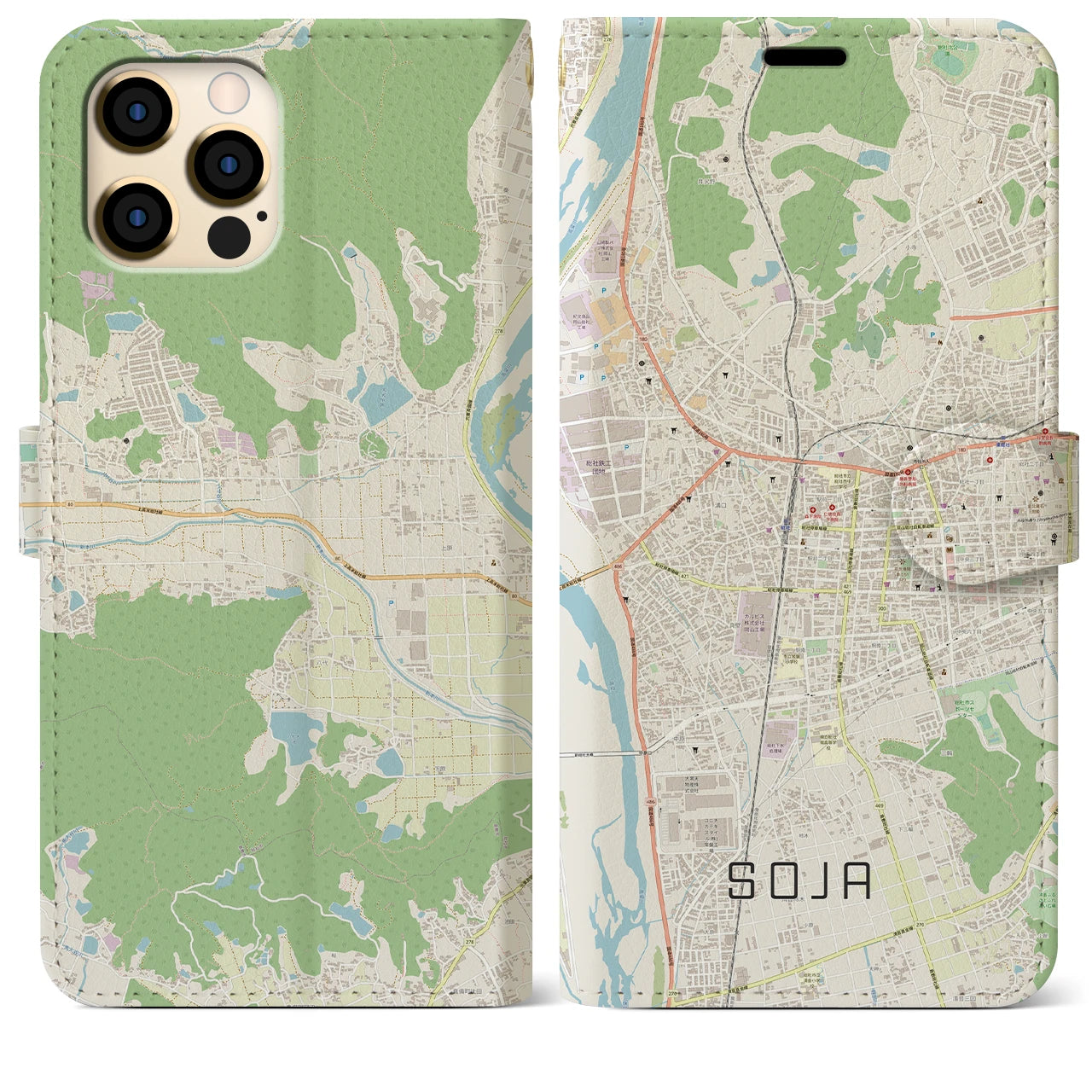 【総社(岡山県)】地図柄iPhoneケース(手帳タイプ)ナチュラル・iPhone 12 Pro Max 用