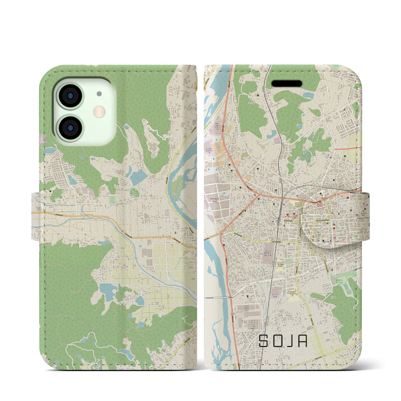 【総社(岡山県)】地図柄iPhoneケース(手帳タイプ)ナチュラル・iPhone 12 mini 用